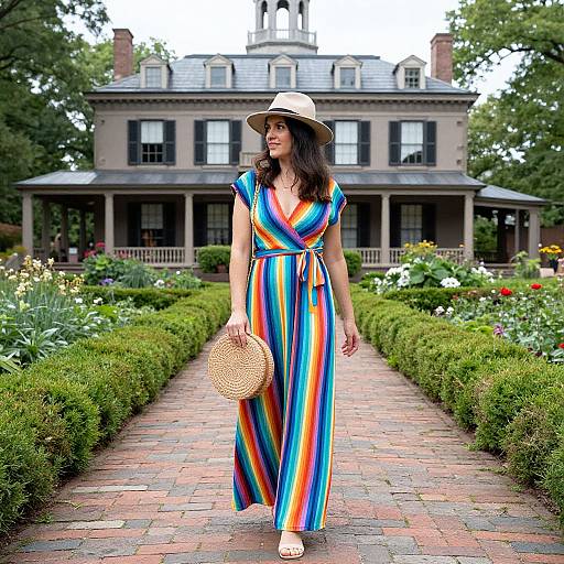 Photograph of a woman in a rainbow-striped dress and white hat, holding a wicker clutch, standing on a brick path in front of a grand