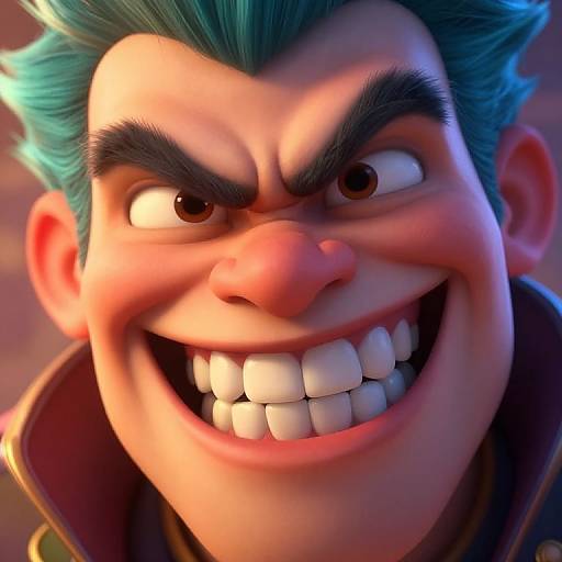 Close-up CGI of a cartoonish character with teal hair, exaggerated angry eyes, thick black eyebrows, large nose, and a wide, toothy grin