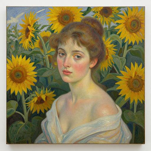 Impressionist-style painting of a young woman with fair skin, brown hair, and pink cheeks, standing among vibrant sunflowers, wearing a white,