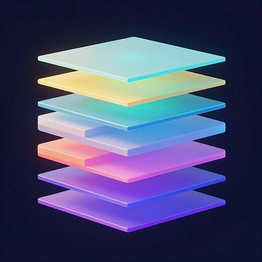 Stack of glowing, neon-colored, translucent squares in blue, yellow, cyan, orange, and purple, arranged vertically against a dark background.