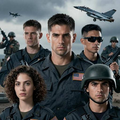 Group of American Military Personnel with Fighter Jet