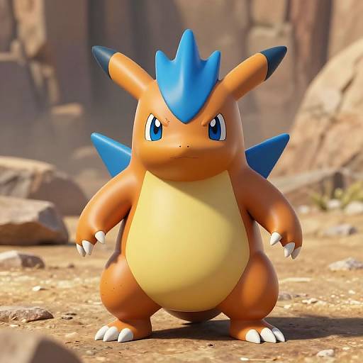 CGI image of a chubby, orange, blue-spiked Quilava Pokémon with large blue eyes, standing on rocky desert terrain. Bright, sunny