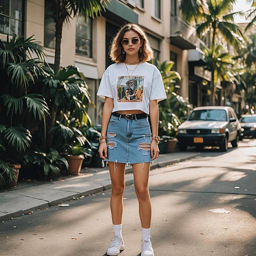 Trendy Street Style Teen Woman in Denim Mini Skirt