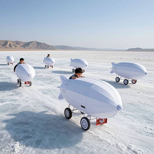 Photograph of people in white, fish-shaped hovercrafts driving on a vast, icy salt flat under clear blue sky with distant mountains.
