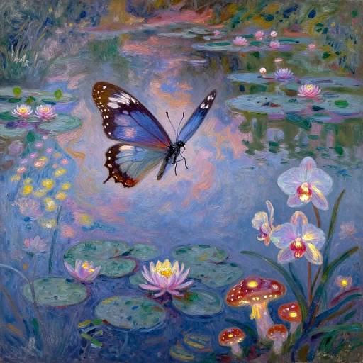 Vibrant painting of a blue and black butterfly with white spots, hovering over a glowing, enchanted pond filled with lilies, lotus flowers,