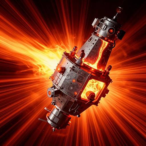 Photorealistic CGI of a futuristic, metallic spacecraft exploding with intense, bright orange and red energy beams radiating from its center against a black background.