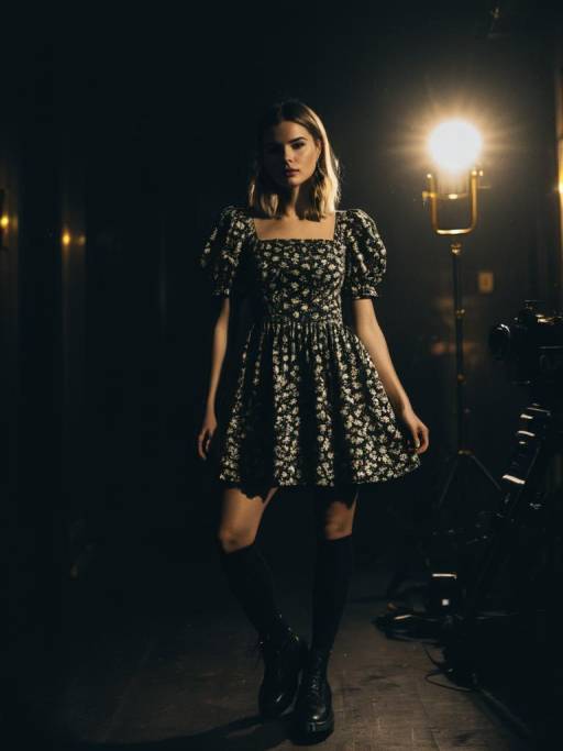 Woman in Floral Puff Sleeve Dress with Combat Boots