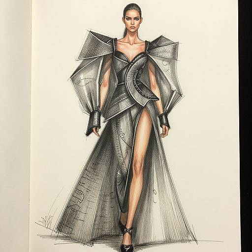 Fashion sketch of a confident woman in a dramatic, black, high-contrast, asymmetrical gown with massive shoulders and a high slit, standing on a