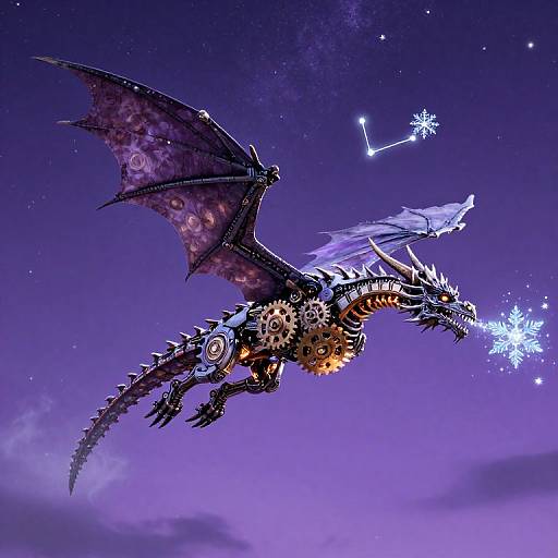 Digital artwork of a mechanical dragon with purple wings and gears, emitting snowflakes, flying against a twilight purple starry sky.