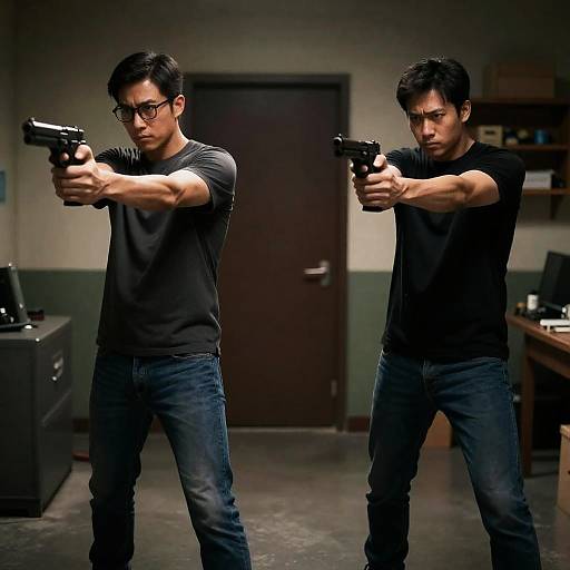 Two Men Aiming Guns Indoors
