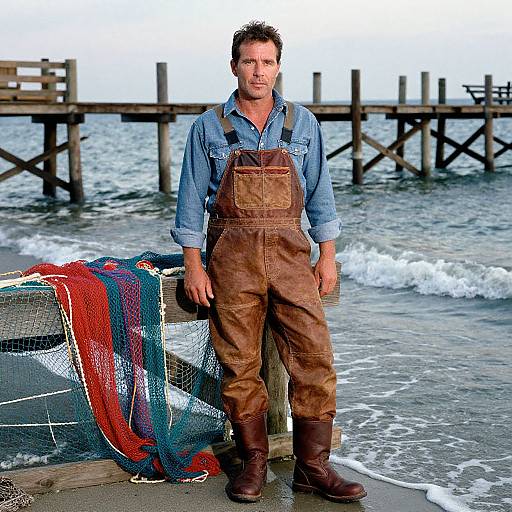 Photograph of a middle-aged man in blue shirt, brown overalls, and boots, standing by a fishing net on a beach pier.