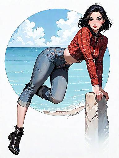 Stylish Woman in Plaid Blouse and Leather Pants