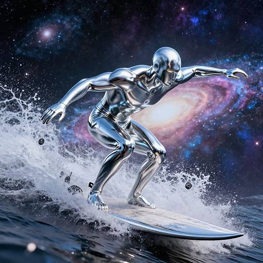 Silver metallic humanoid surfer, muscular build, surfing wave, cosmic galaxy background, vibrant colors, dynamic splash, digital art, futuristic style.