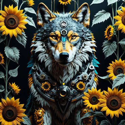 Vibrant Biomechanical Wolf with Sunflowers