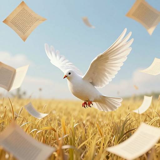 Photograph of a white dove with outstretched wings flying over a golden wheat field, with scattered, floating papers in bright sunlight.