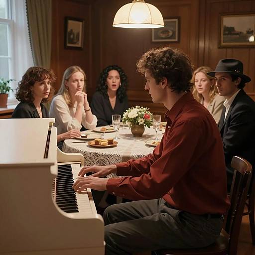 Man Playing White Piano in Dimly Lit Dining Room