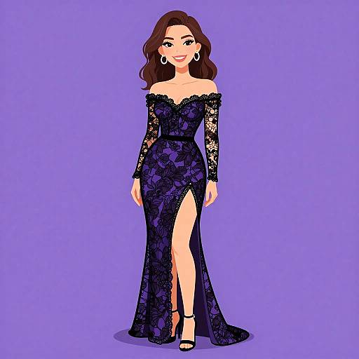 Digital illustration of a woman with wavy brown hair in a black lace off-shoulder gown with long sleeves, thigh-high slit, and black high