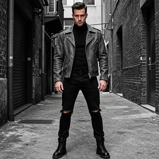 Photograph of a serious, dark-haired man in a black leather jacket, black turtleneck, ripped jeans, and black boots, standing in a