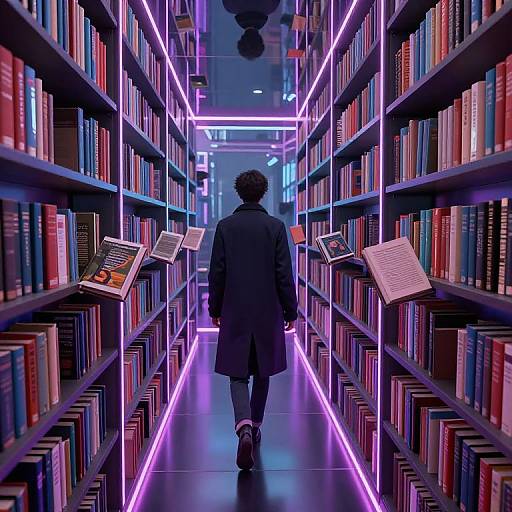 Digital artwork of a person in a black coat walking down a neon-lit library aisle with floating books and purple lights.