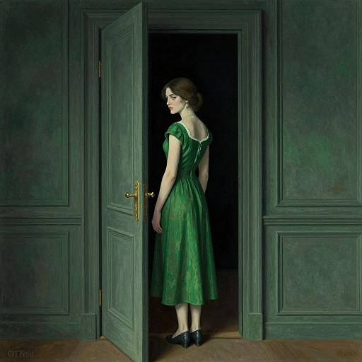 Photograph of a fair-skinned woman in a green dress, standing in a dimly lit doorway, green walls, wooden floor, and green doors