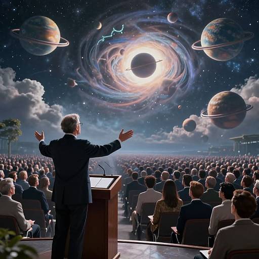 Photograph-like digital art of a gray-haired man in a black suit speaking at a podium, addressing a vast crowd, with a cosmic backdrop of planets
