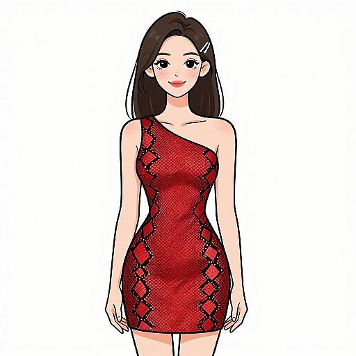Digital anime-style drawing of a smiling woman with long black hair, wearing a red, one-shoulder, diamond-patterned dress, white background.