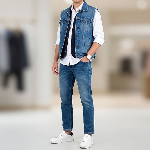 Photograph of a man from neck to ankles, wearing a white shirt, blue denim vest, jeans, and white sneakers, standing in a brightly lit