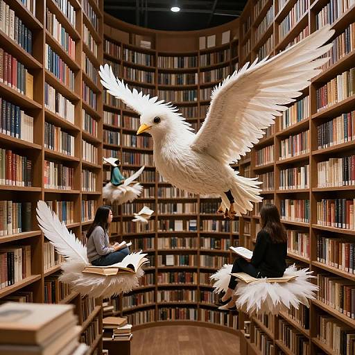 Photograph of a library with three people reading on white feathered bookshelves, surrounded by bookshelves filled with books, and two white do