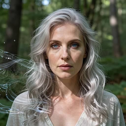 Photograph of a fair-skinned woman with long, wavy silver hair, blue eyes, and a white blouse, standing in a sunlit forest
