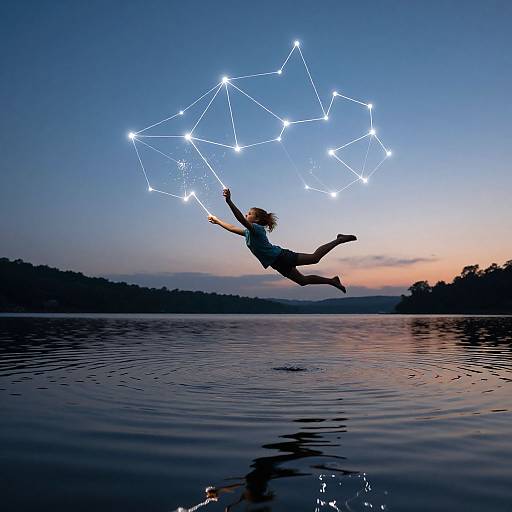 Silhouette of a person jumping into a lake at sunset, creating a constellation of glowing dots in the twilight sky.