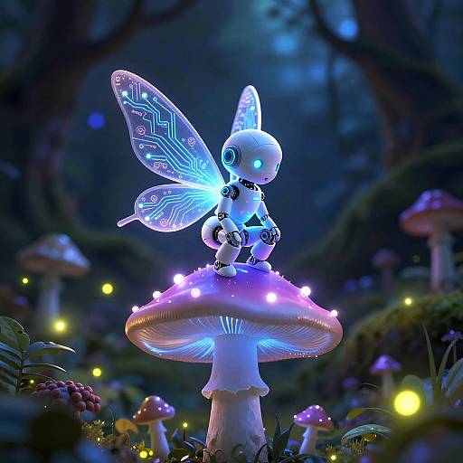 Glowing Robot Fairy in Enchanted Forest