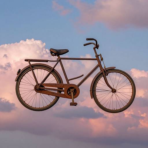 Photograph of a vintage brown bicycle suspended against a vibrant pink and blue sky with fluffy clouds, creating a dreamy, floating effect.
