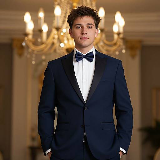 Photograph of a young man with short brown hair, wearing a black tuxedo with a white shirt and black bow tie, standing in an elegant