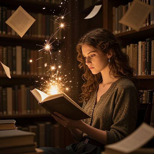 Photograph of a young woman with wavy brown hair, wearing a grey cardigan, reading an open book illuminated by sparklers in a dimly