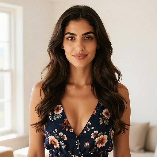 Photograph of a smiling woman with long, wavy dark hair, wearing a deep V-neck floral dress, standing in a brightly lit room.