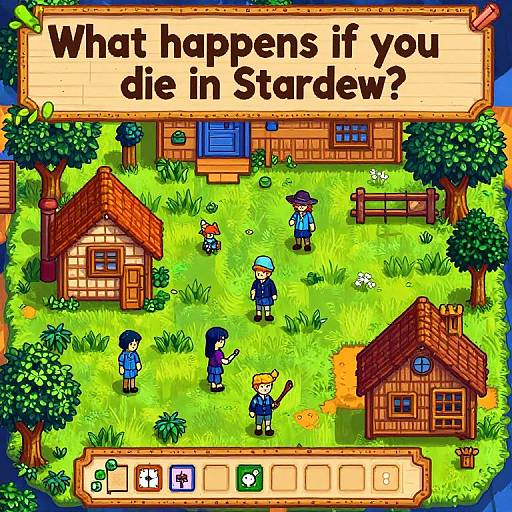 Digital pixel art of a colorful village scene with houses, trees, and characters, featuring a text box asking 