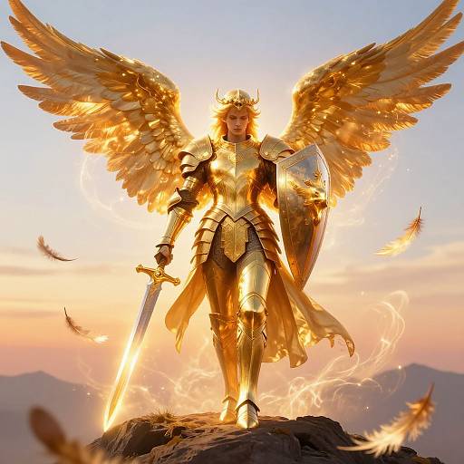Golden angelic warrior with glowing wings and armor, holding a sword, standing on a rock at sunset, surrounded by electric sparks. Digital art.