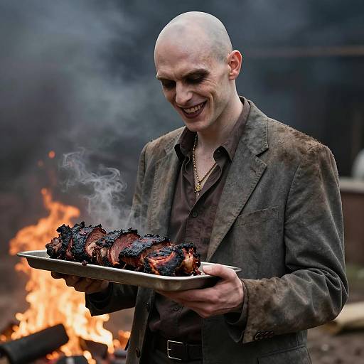 Sinister Man Holding Charred Meat Tray