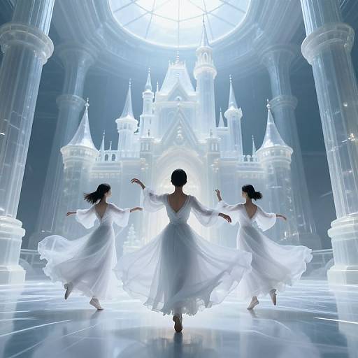 Three ethereal women in flowing white dresses dance towards a radiant, glowing castle in a futuristic, illuminated hall. Digital art.