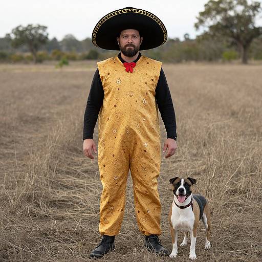 Photograph of a bearded man in a large black sombrero and yellow embroidered suit standing in a dry field, with a black and white dog beside