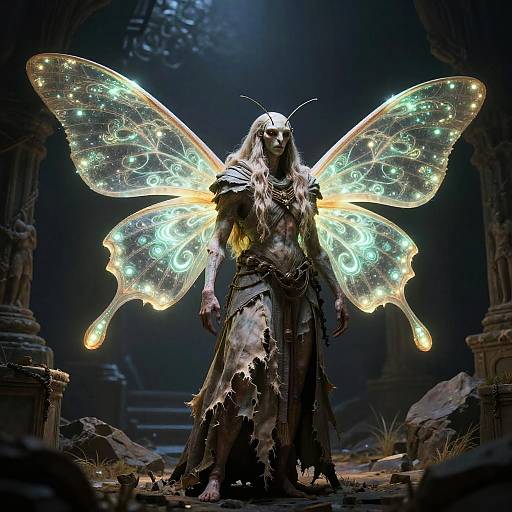 Bioluminescent Moth Humanoid in Ruins