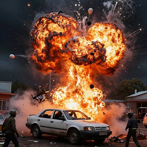 Photograph of a massive car explosion, white sedan engulfed in fiery orange flames, black smoke, debris flying, two police officers in foreground.