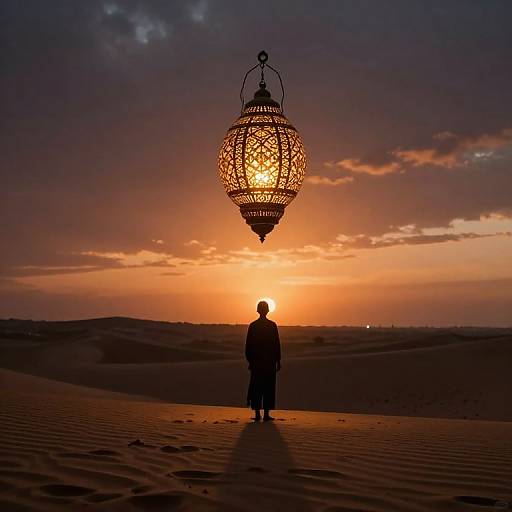 Silhouetted person stands in desert at sunset, facing ornate, glowing lantern hanging above, with vibrant orange and purple sky. Photograph.
