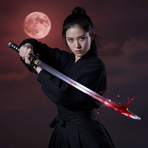 Asian woman with black hair in bun, wearing black kimono, holds blood-stained katana against red moonlit sky, intense expression. Photoreal