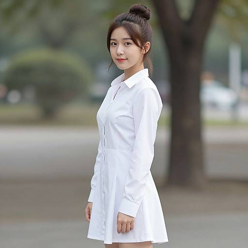 Photograph of an Asian woman with black hair in a bun, wearing a white button-down shirt, standing outdoors with a blurred tree and greenery background