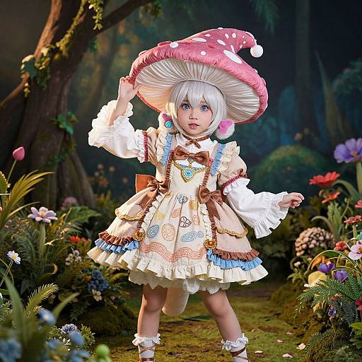 Digital artwork of a cute, blue-eyed girl with white hair, wearing a whimsical mushroom hat and colorful, frilled dress, standing in a vibrant
