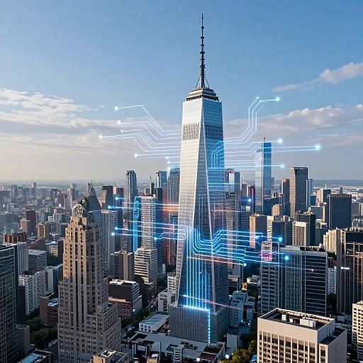 Photograph of New York City skyline with One World Trade Center illuminated by glowing blue digital lines, against a clear blue sky.