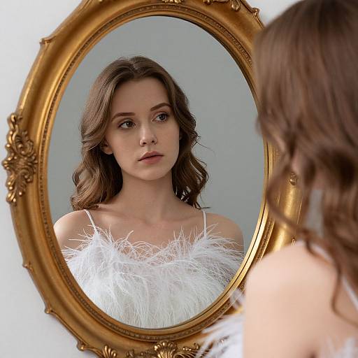Photograph of a young woman with wavy brown hair, wearing a white feathered dress, gazing at her reflection in an ornate oval gold