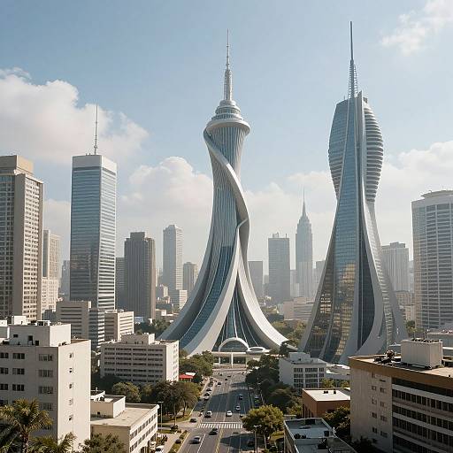 Photograph of Dubai's skyline with the distinctive, twisting Burj Al Arab and the sleek, sharp Burj Khalifa towers amidst modern skyscrapers