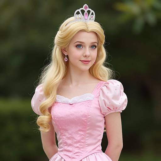 Photorealistic CGI of a blonde princess with blue eyes, wearing a pink dress, tiara, and pink earrings, standing outdoors with a green blurred